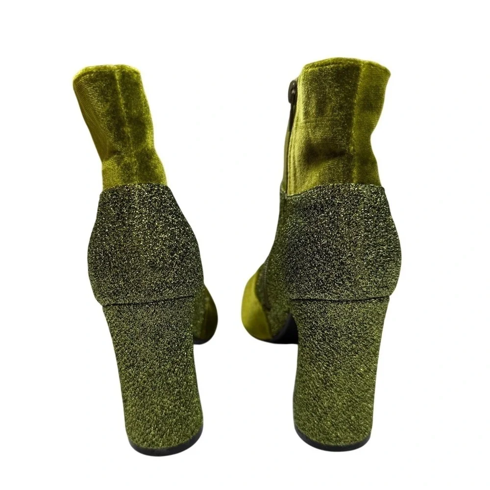 Yoki Womens Olive Green‎ Velvet and Glitter Block Heel Ankle Boots Side Zip